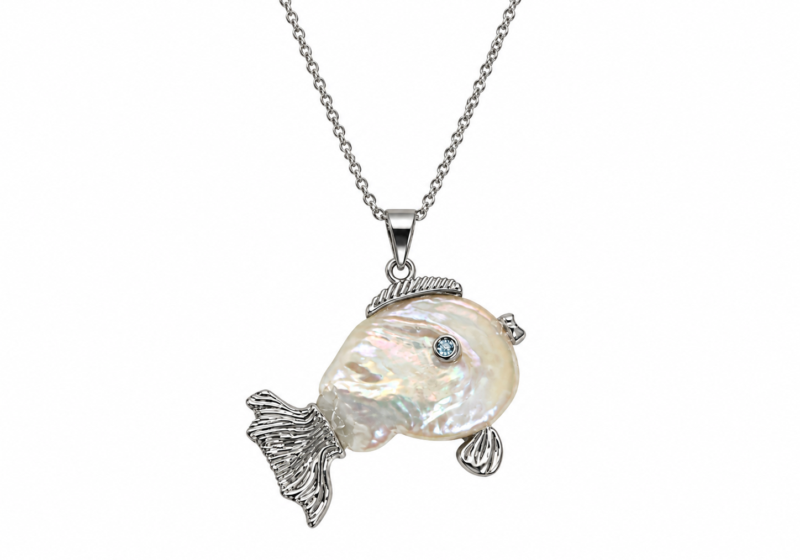 A Silvered Metal Pendant Of A Fish With A White Baroque Freshwater Pearl On A Long Silver Plated Chain.