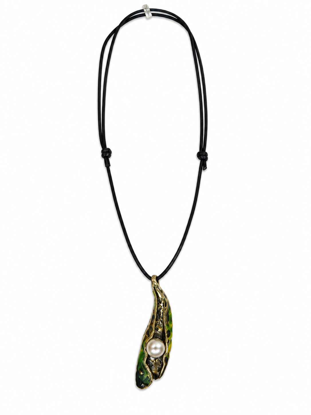 A Green Enamelled Silvered Metal Pendant Of A Leaf With A White Round Glass 'Faux Pearl'. - Image 2