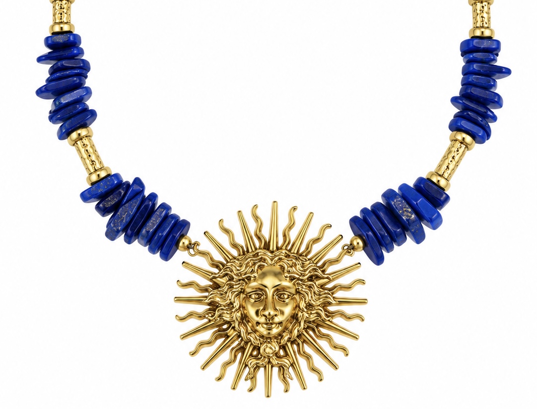 A Long Necklace Of Lapis Lazuli Small Nuggets And Golden Metal Tubular Bands, With A Golden Metal Sun Pendant With A Face In The Centre. - Image 2