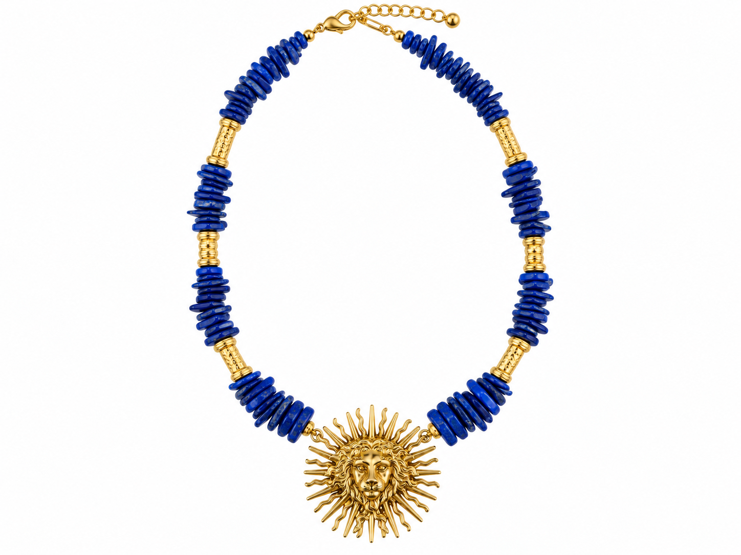 A Long Necklace Of Lapis Lazuli Small Nuggets And Golden Metal Tubular Bands, With A Golden Metal Sun Pendant With A Face In The Centre.