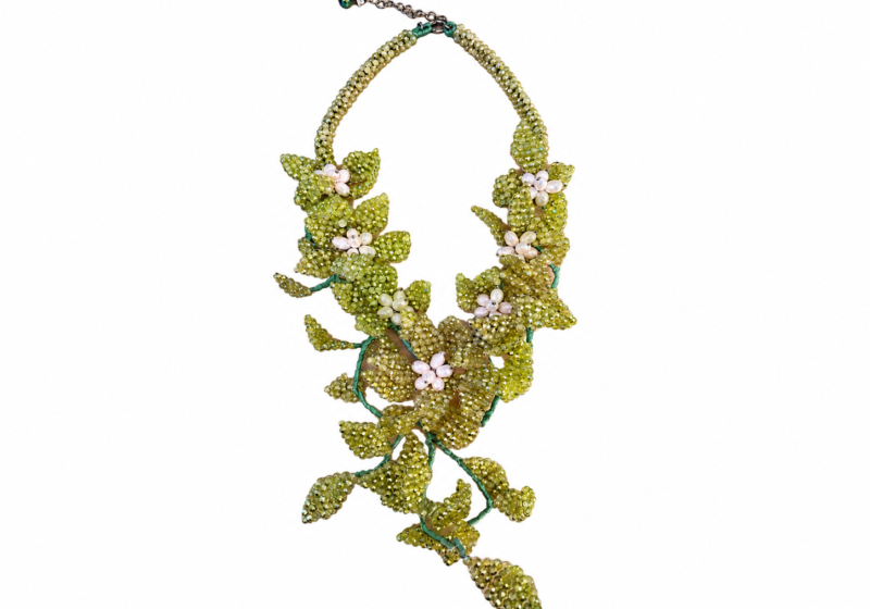 A Thai Floral Patterned Necklace With Flowers And Leaves Of Small Light Green Facetted Glass Beads, And White Freshwater Pearls.