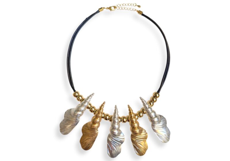 A Golden And SIlvered Metal Five Long Curved Seashell Drops With Golden Metal Beads On Two Row Black Cord Necklace