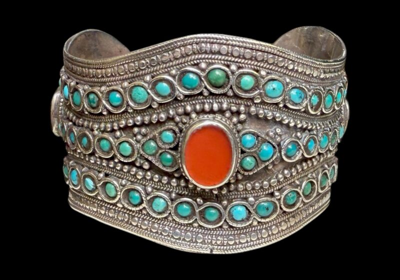Antique Tibetan Silver Open Curved Edge Cuff Inlaid With Small Turquoise Cabochons And Three Large Oval Carnelian Cabochons