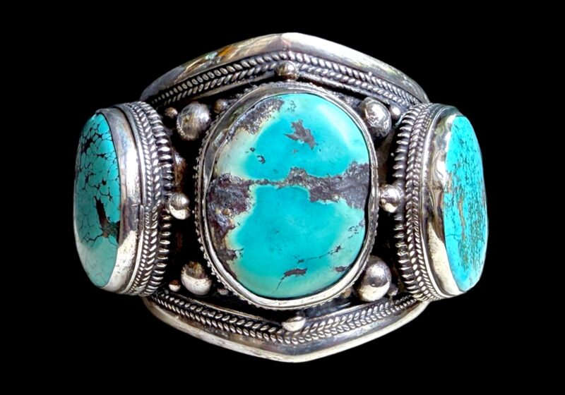 An Antique Afghan Sterling Silver Open Cuff Inlaid With Three Large Turquoise Oval Cabochons
