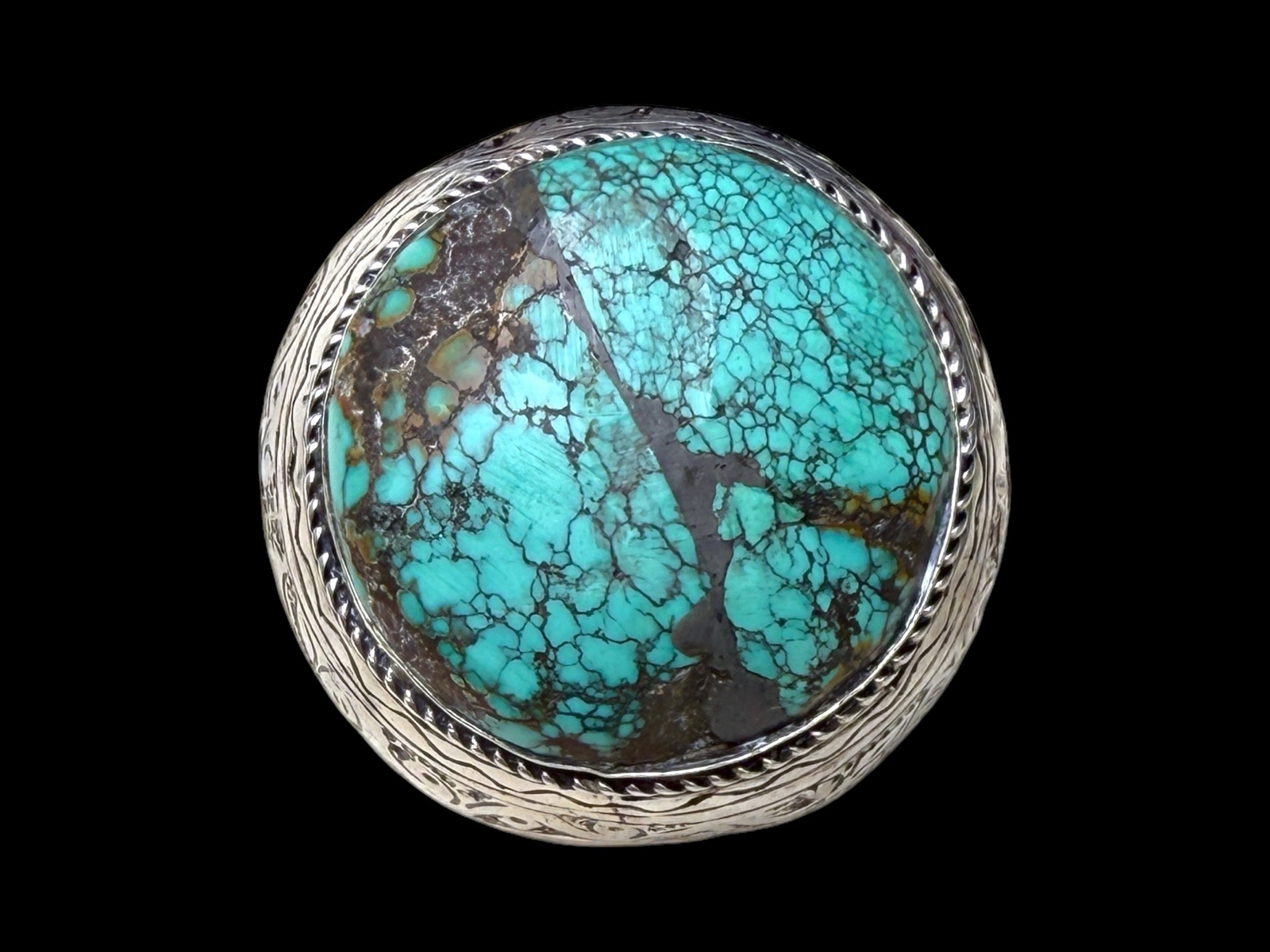 A Large Late Nineteenth Century Afghan Silver Wide Patterned Band Ring Inlaid With A Large Circular Turquoise Cabochon. - Image 2