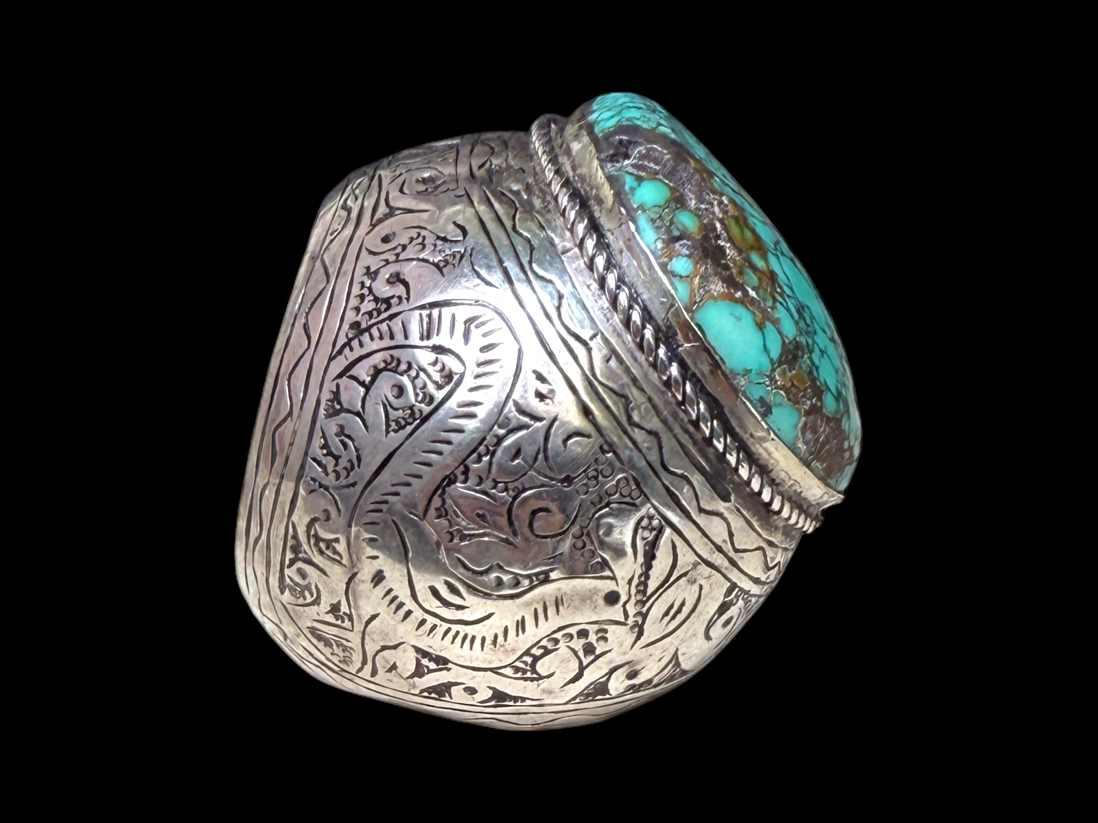 A Large Late Nineteenth Century Afghan Silver Wide Patterned Band Ring Inlaid With A Large Circular Turquoise Cabochon. - Image 3