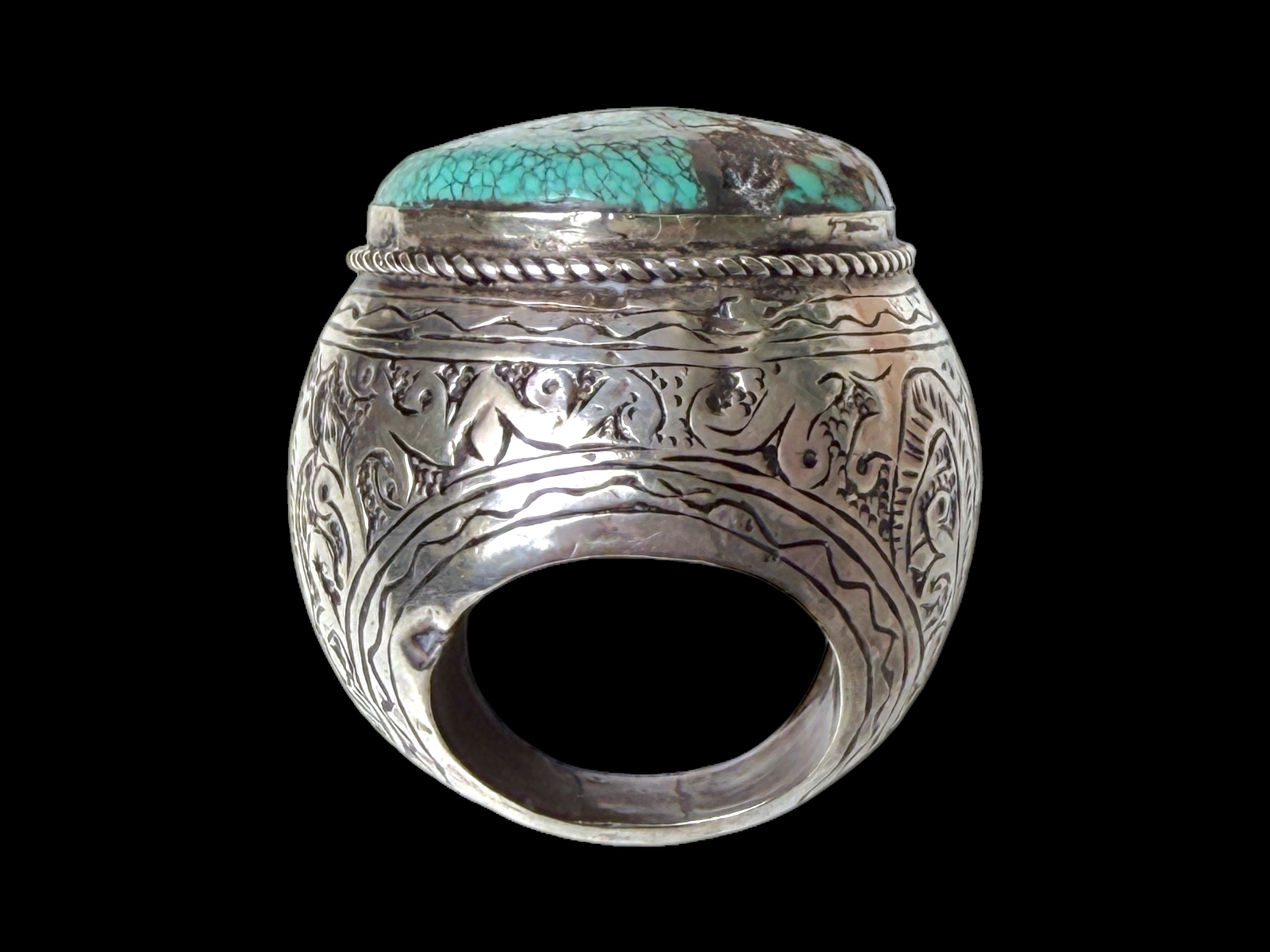 A Large Late Nineteenth Century Afghan Silver Wide Patterned Band Ring Inlaid With A Large Circular Turquoise Cabochon. - Image 4