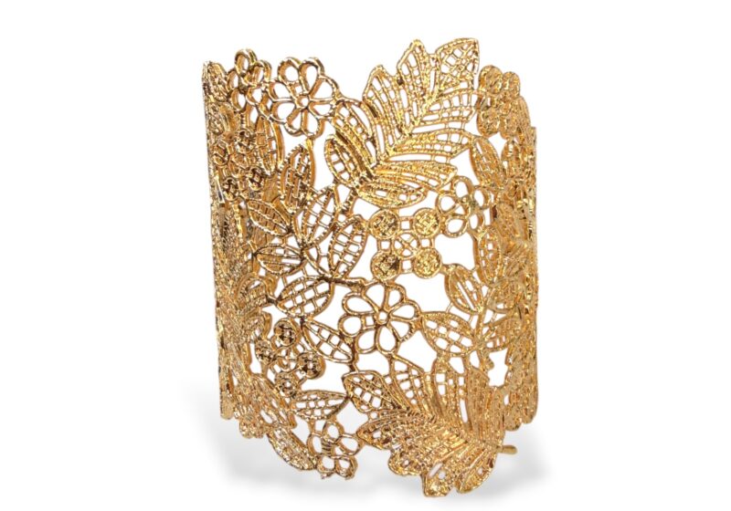 Golden Metal Long Open Cuff With Lace Patterns Of Leaves And Flowers