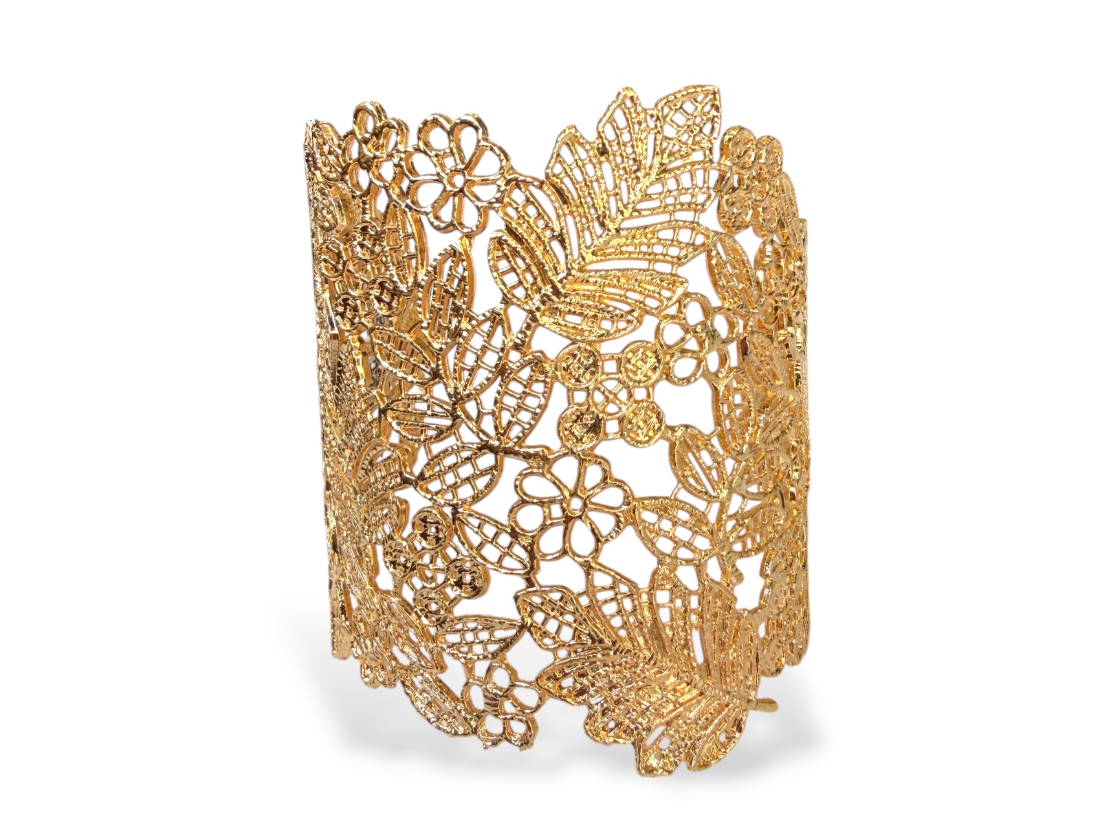 A Golden Metal Long Open Cuff With A Lace Patterned Band Of Flowers And Leaves.