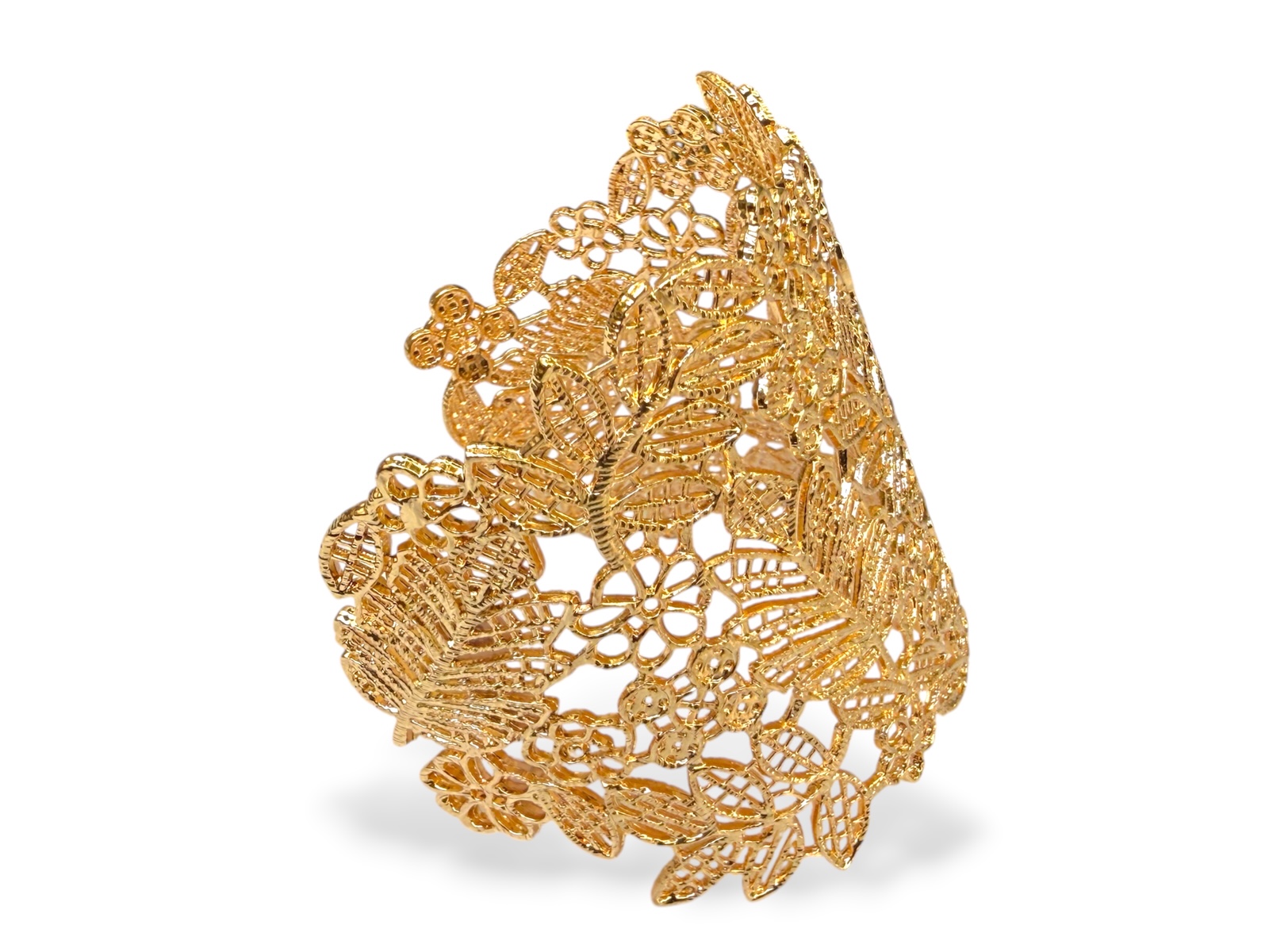A Golden Metal Long Open Cuff With A Lace Patterned Band Of Flowers And Leaves. - Image 2