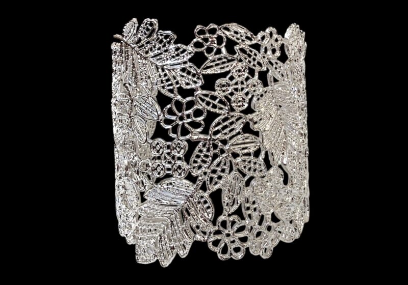 Silvered Metal Long Open Cuff With Lace Patterns Of Leaves And Flowers